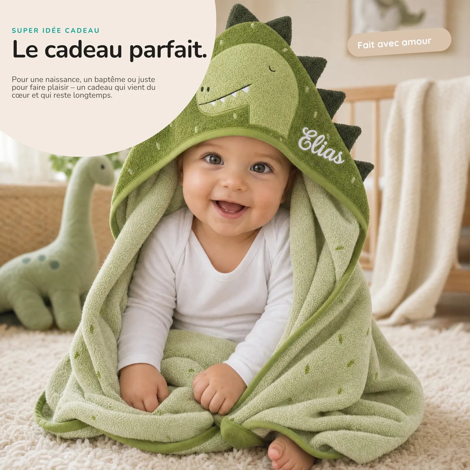 Cape de bain bébé motif Dino, capuche animal — Kidsmood