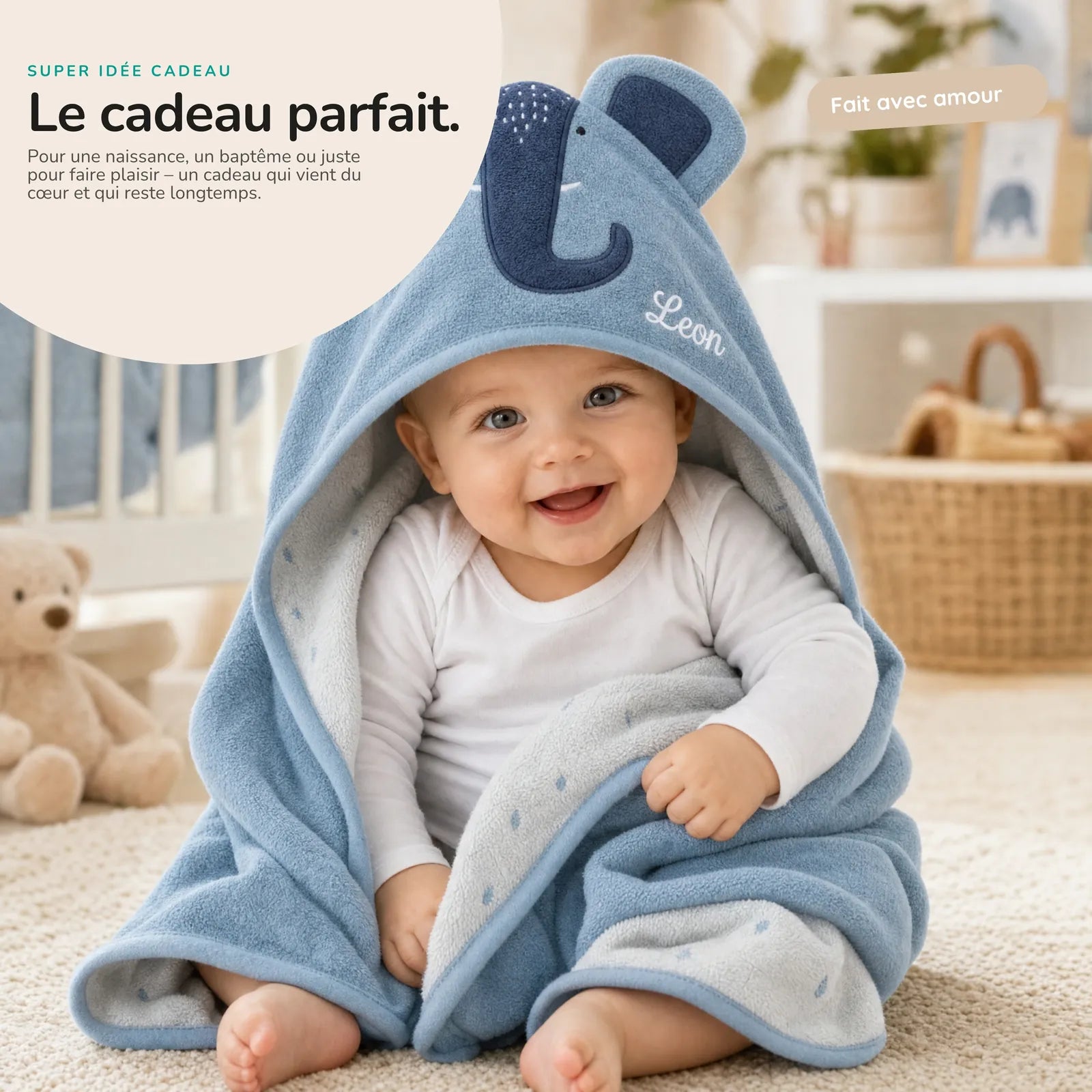 Cape de bain bébé motif Éléphant, capuche animal — Kidsmood