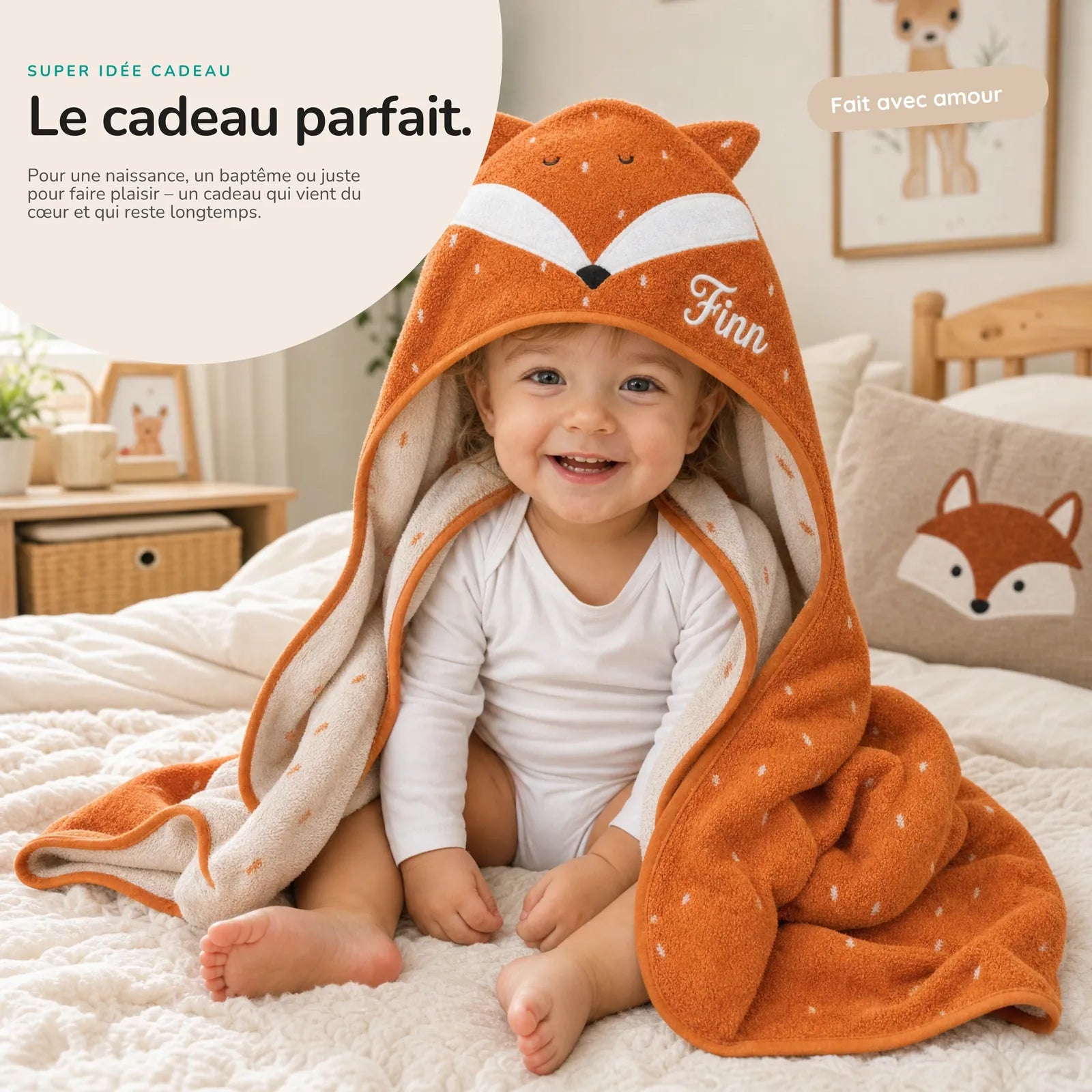Cape de bain bébé motif Renard, capuche animal — Kidsmood