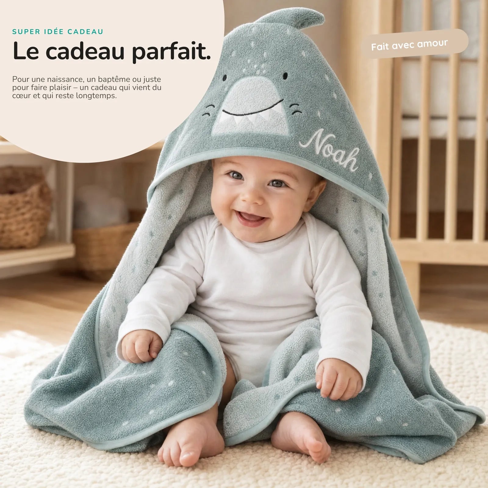 Cape de bain bébé motif Requin, capuche animal — Kidsmood
