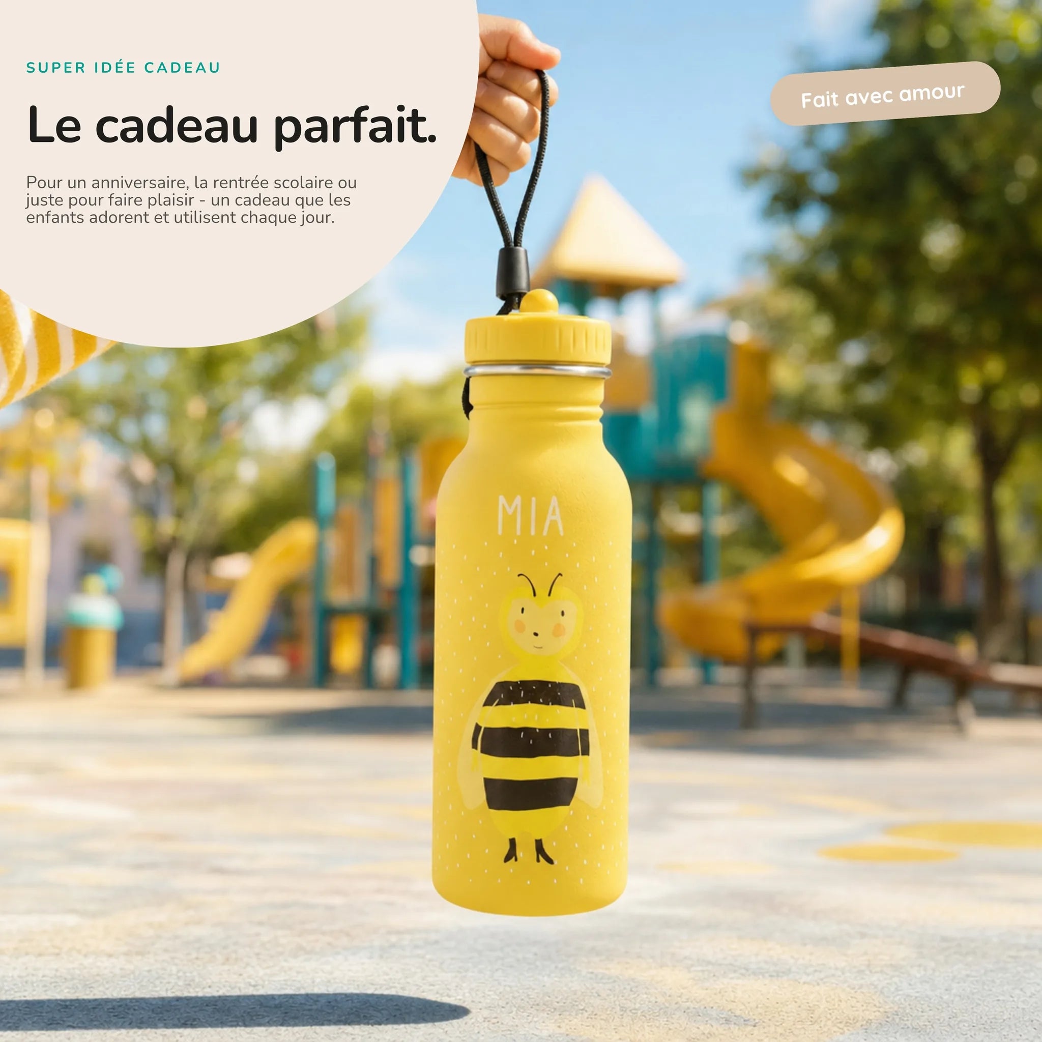 Gourde personnalisée prénom gravé au laser, motif Abeille — Kidsmood
