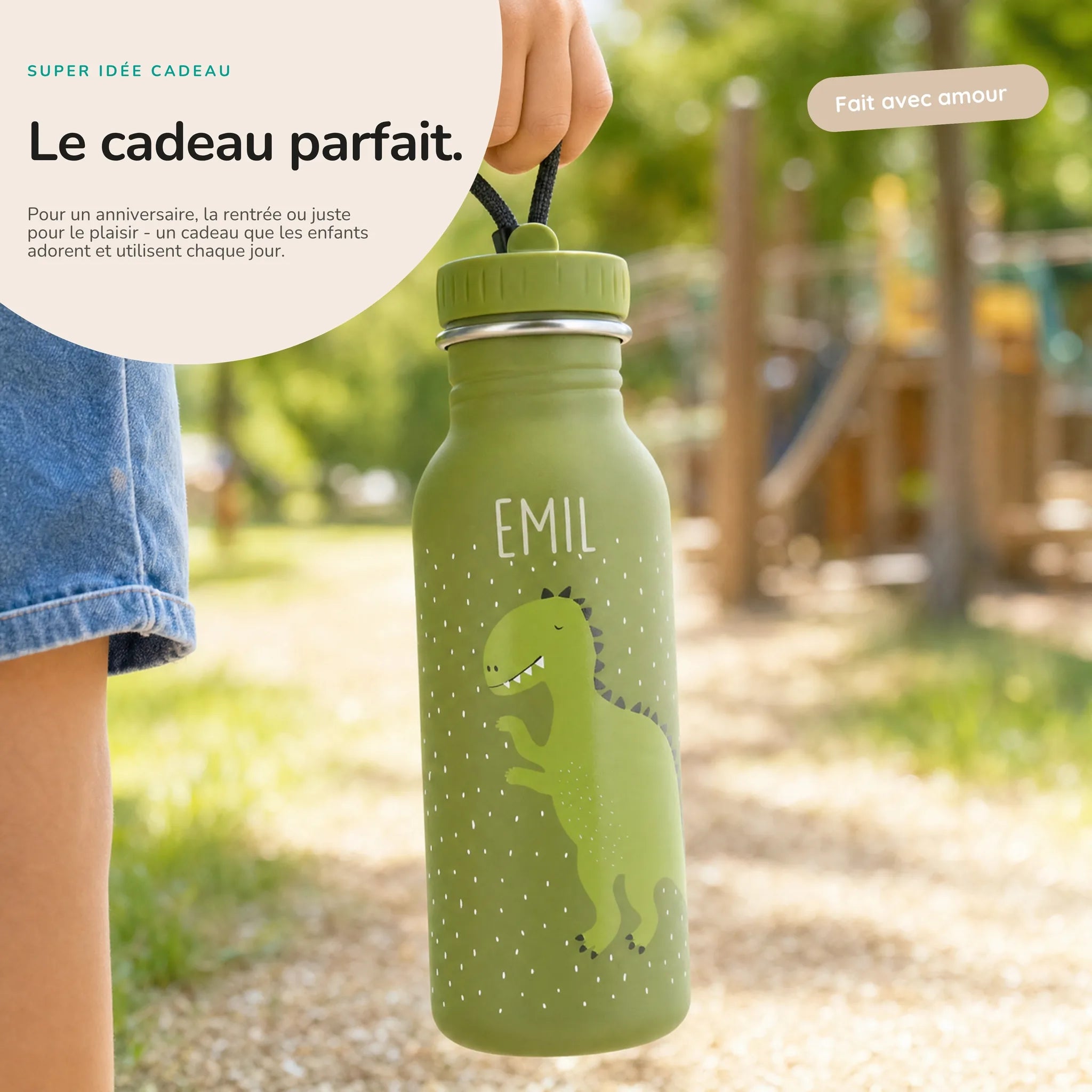 Gourde personnalisée prénom gravé au laser, motif Dino — Kidsmood