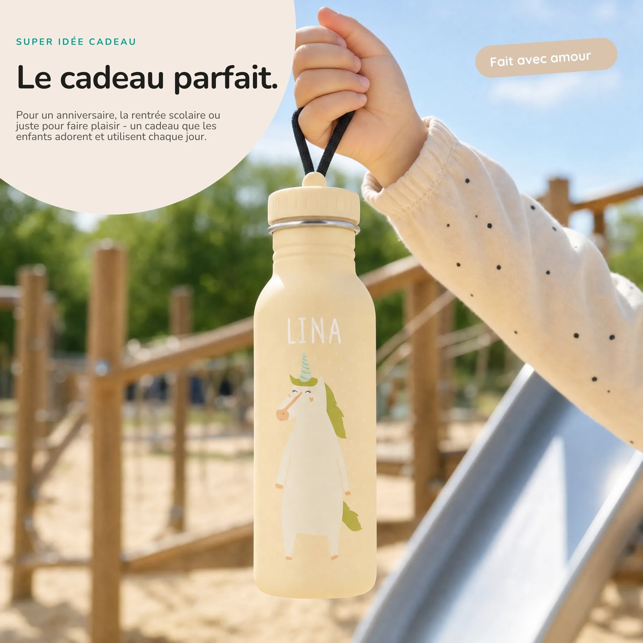 Gourde personnalisée prénom gravé au laser, motif Licorne — Kidsmood