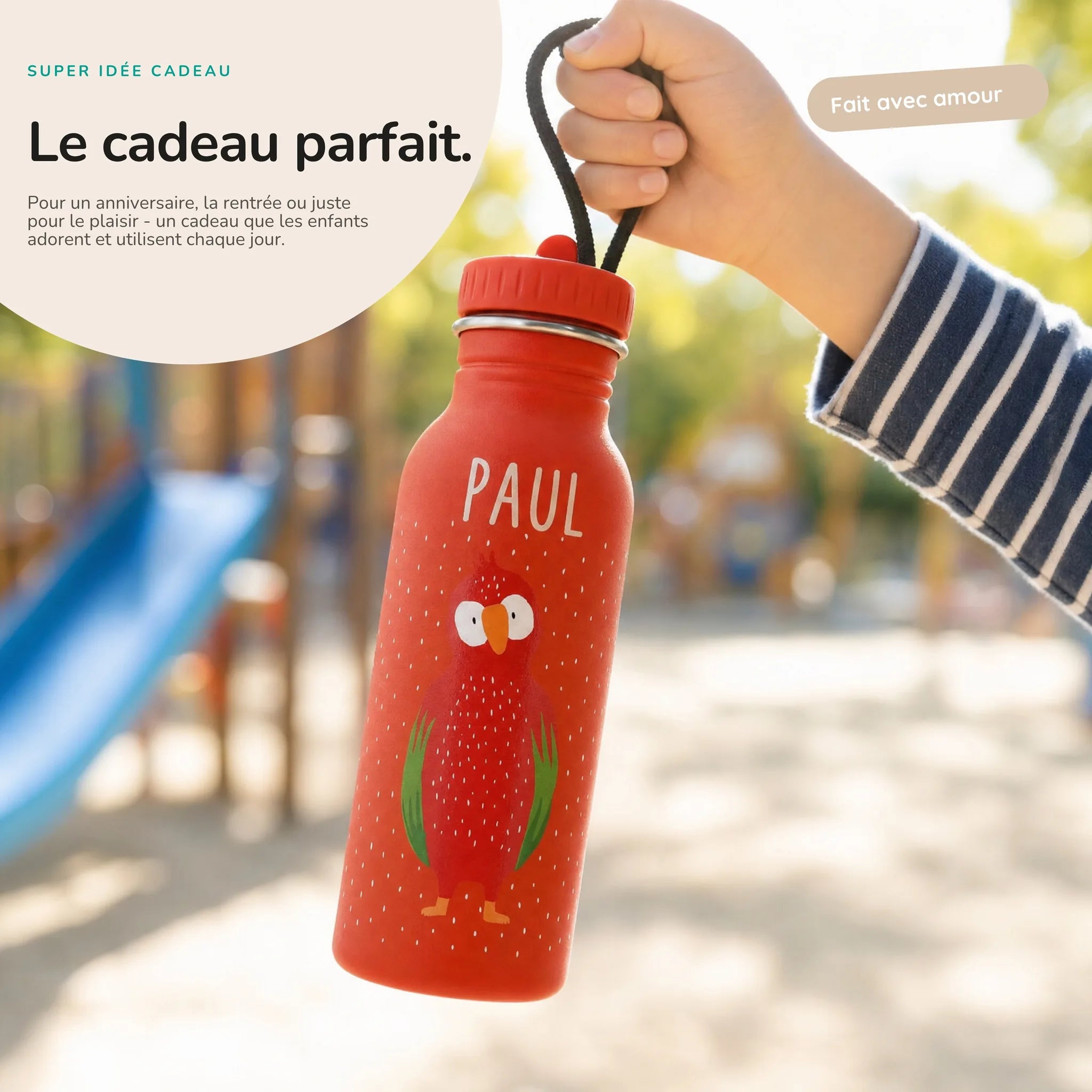 Gourde personnalisée prénom gravé au laser, motif Perroquet — Kidsmood