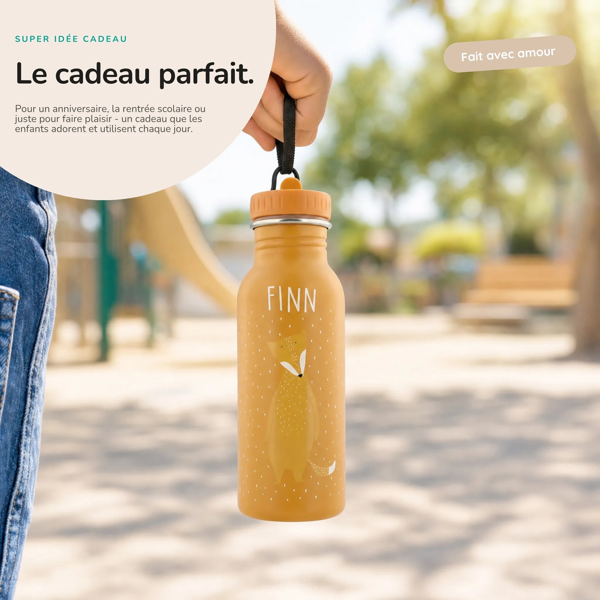 Gourde personnalisée prénom gravé au laser, motif Renard — Kidsmood