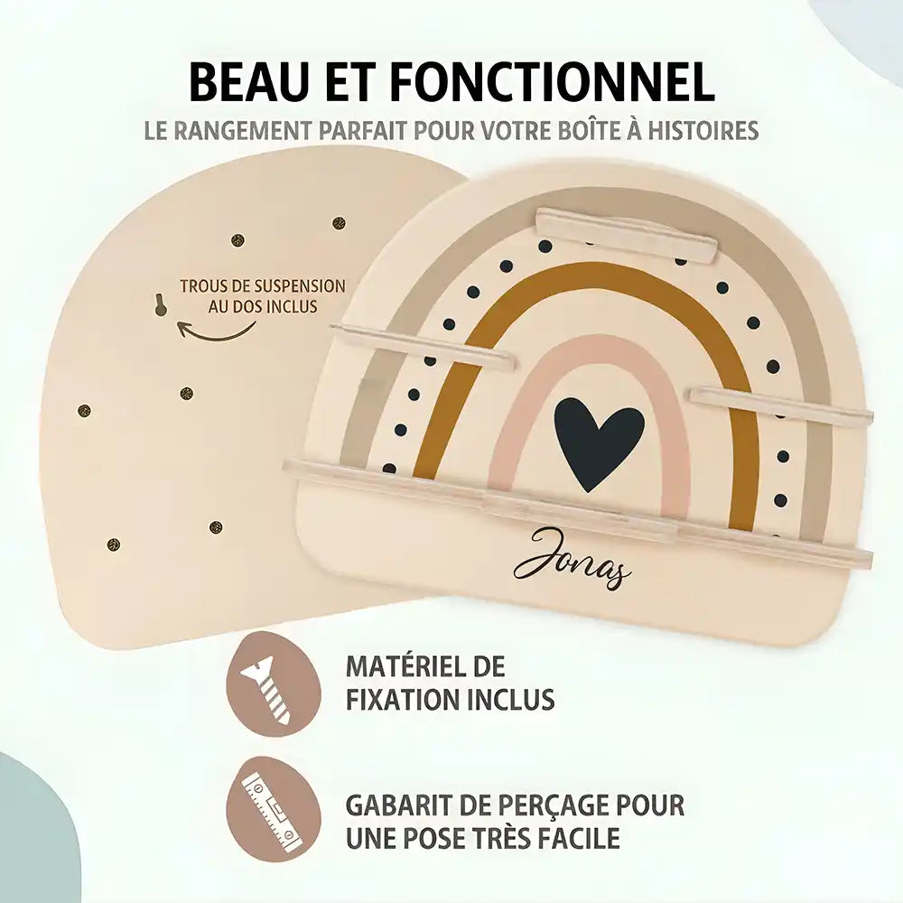 Étagère Toniebox personnalisée Arc-en-ciel 3 – trous de suspension, matériel de fixation et gabarit de perçage