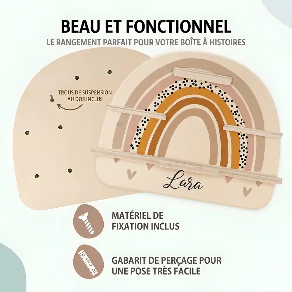 Étagère Toniebox personnalisée Arc-en-ciel 4 – trous de suspension, matériel de fixation et gabarit de perçage