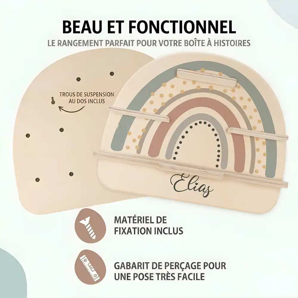 Étagère Toniebox personnalisée Arc-en-ciel 5 – trous de suspension, matériel de fixation et gabarit de perçage