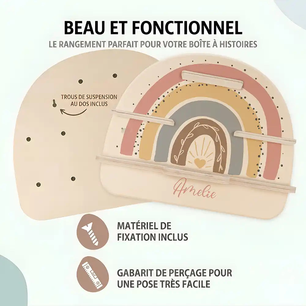 Étagère Toniebox personnalisée Arc-en-ciel 7 – trous de suspension, matériel de fixation et gabarit de perçage