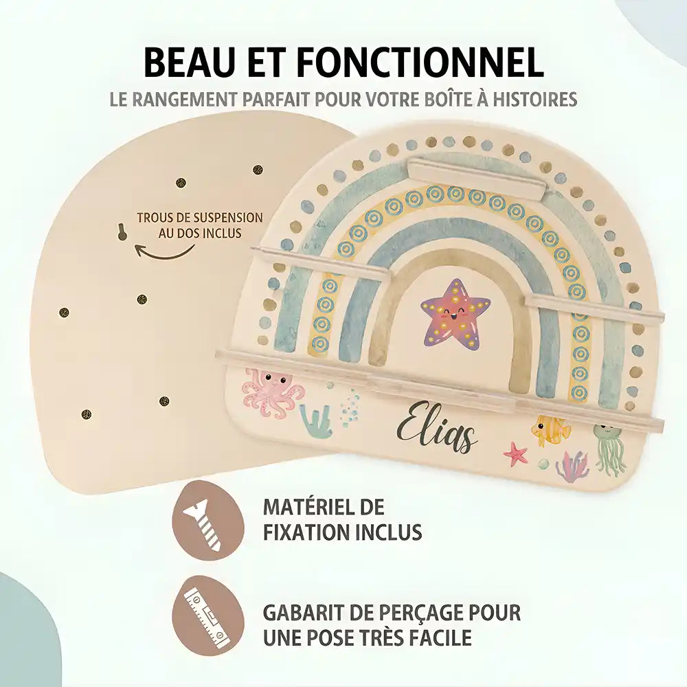 Étagère Toniebox personnalisée Arc-en-ciel 10 – trous de suspension, matériel de fixation et gabarit de perçage