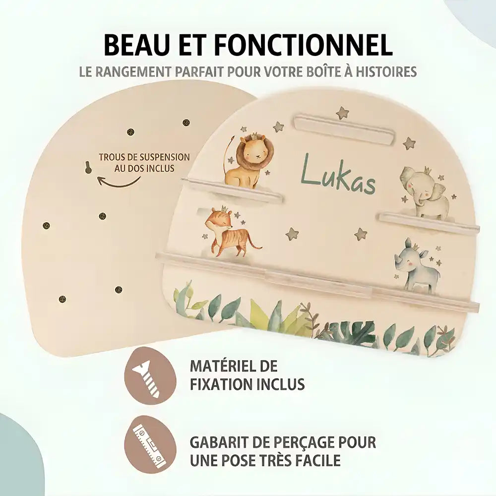 Étagère Toniebox personnalisée Famille jungle – trous de suspension, matériel de fixation et gabarit de perçage