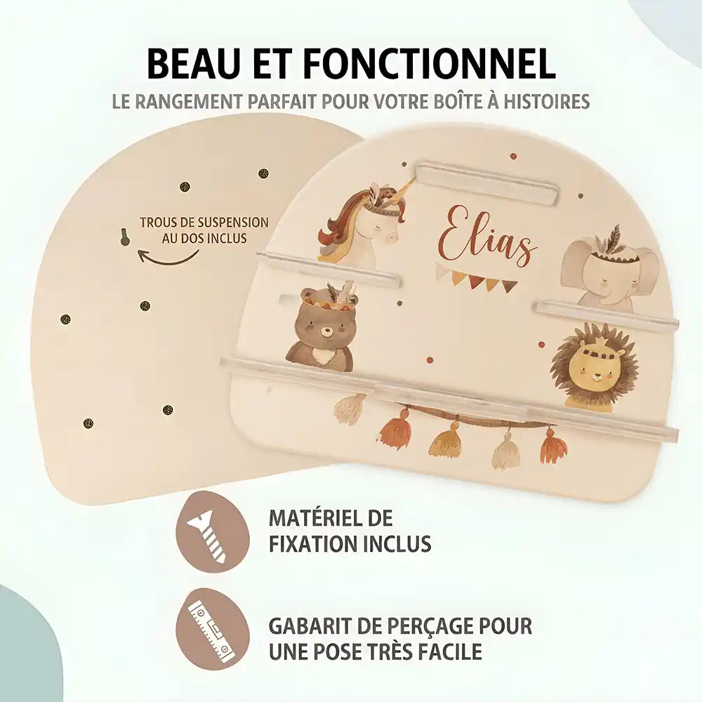 Étagère Toniebox personnalisée Animaux boho – trous de suspension, matériel de fixation et gabarit de perçage