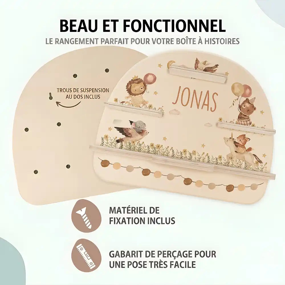 Étagère Toniebox personnalisée Animaux en fête – trous de suspension, matériel de fixation et gabarit de perçage