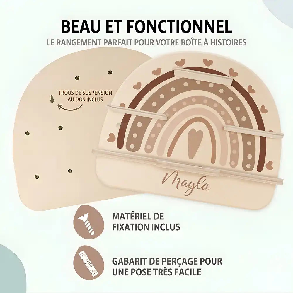 Étagère Toniebox personnalisée Arc-en-ciel cœur – trous de suspension, matériel de fixation et gabarit de perçage