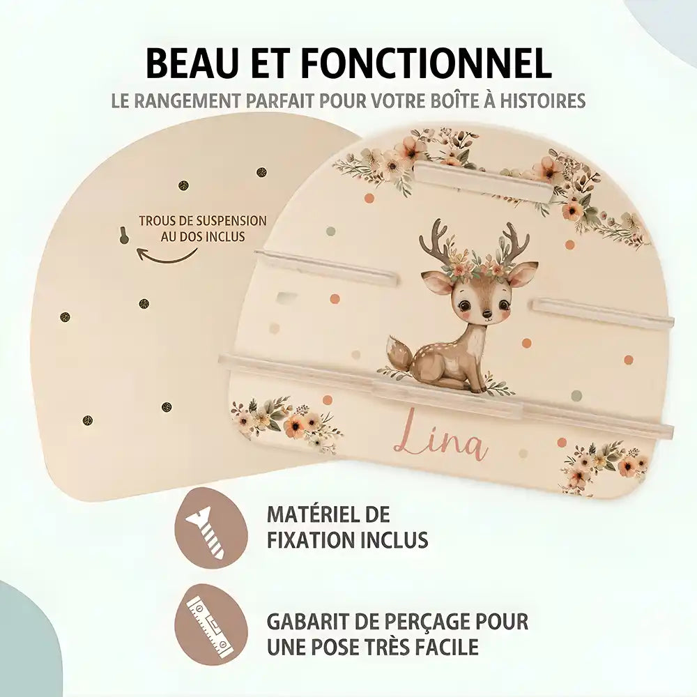 Étagère Toniebox personnalisée Faon – trous de suspension, matériel de fixation et gabarit de perçage