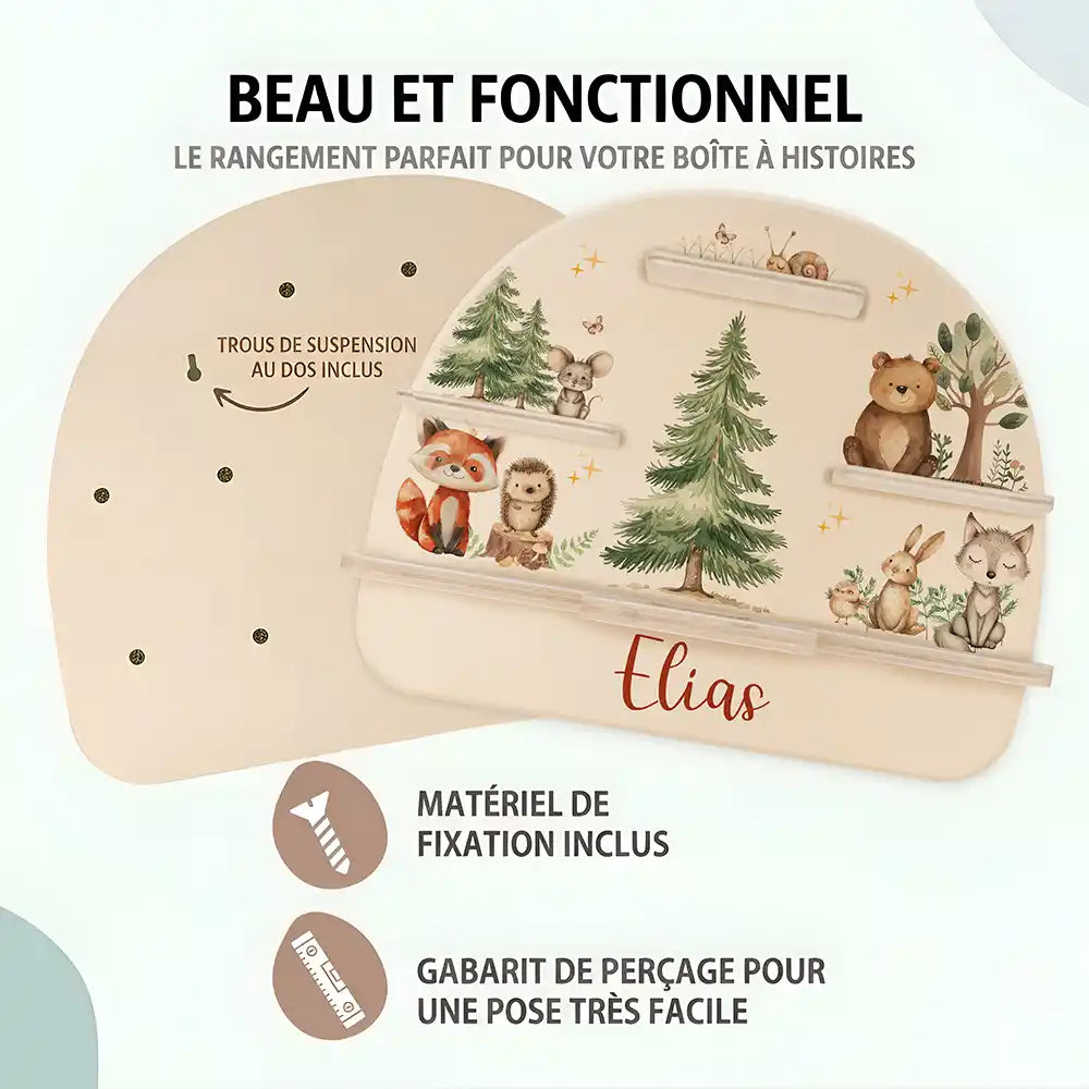 Étagère Toniebox personnalisée Joyeuse forêt – trous de suspension, matériel de fixation et gabarit de perçage