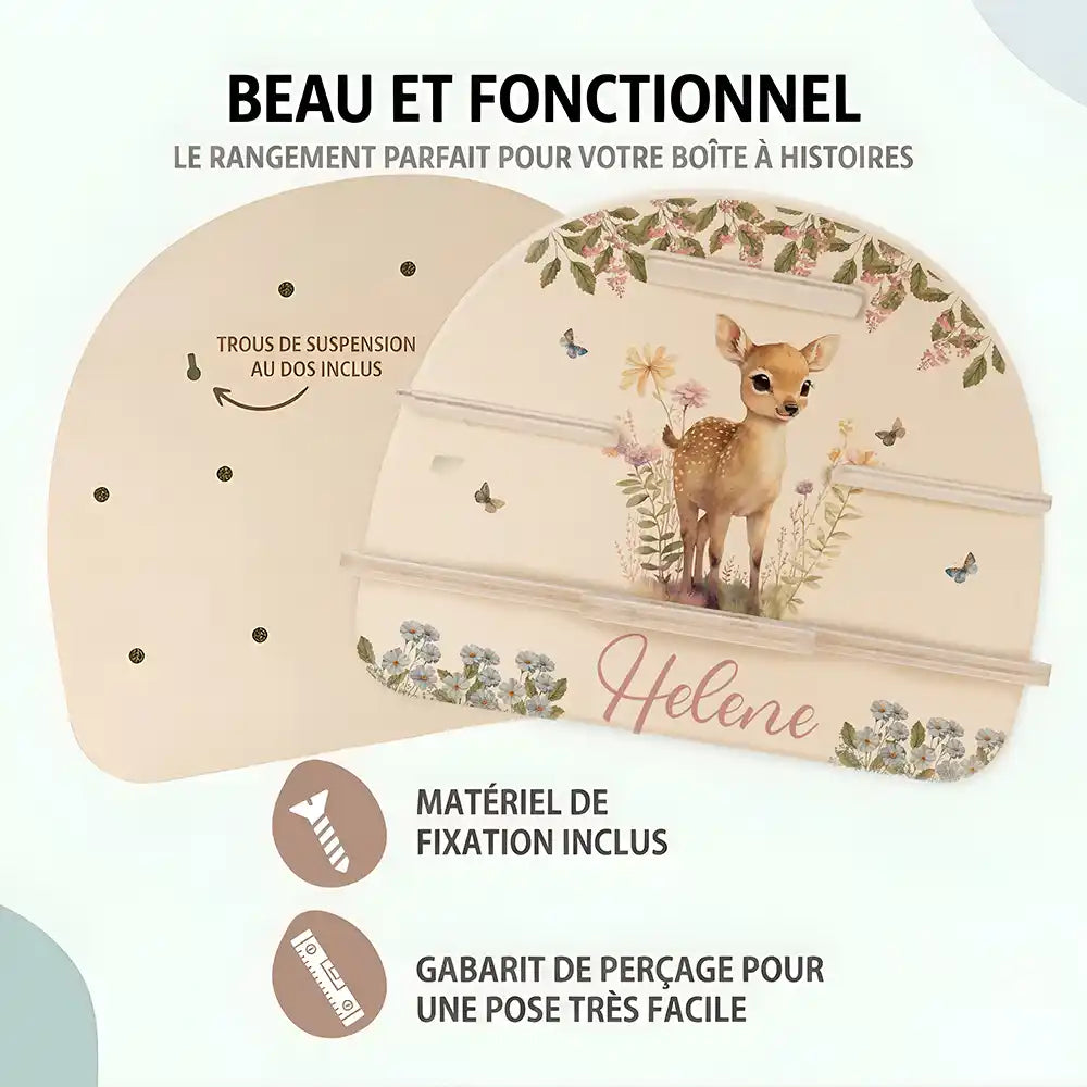 Étagère Toniebox personnalisée Faon en forêt – trous de suspension, matériel de fixation et gabarit de perçage