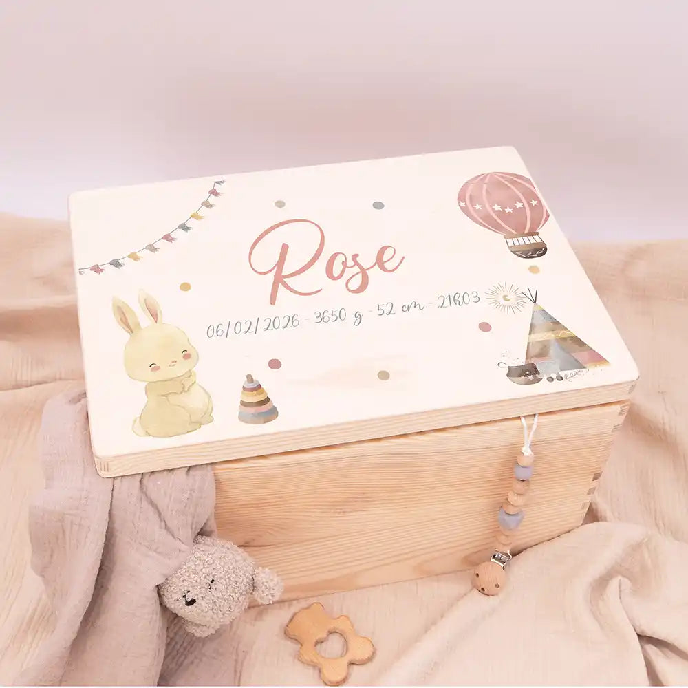 Boîte à souvenirs bébé personnalisée – Lapin et montgolfière