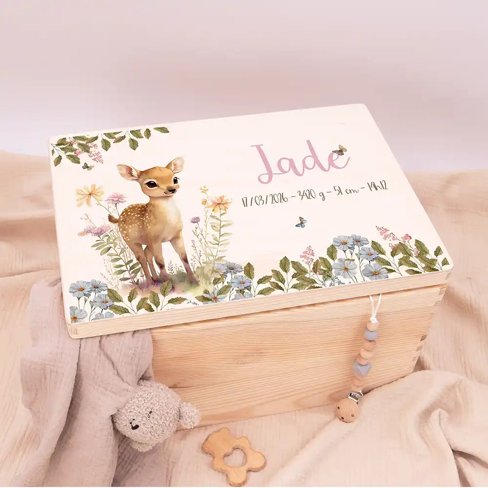 Boîte à souvenirs bébé personnalisée – Faon fleurs des champs