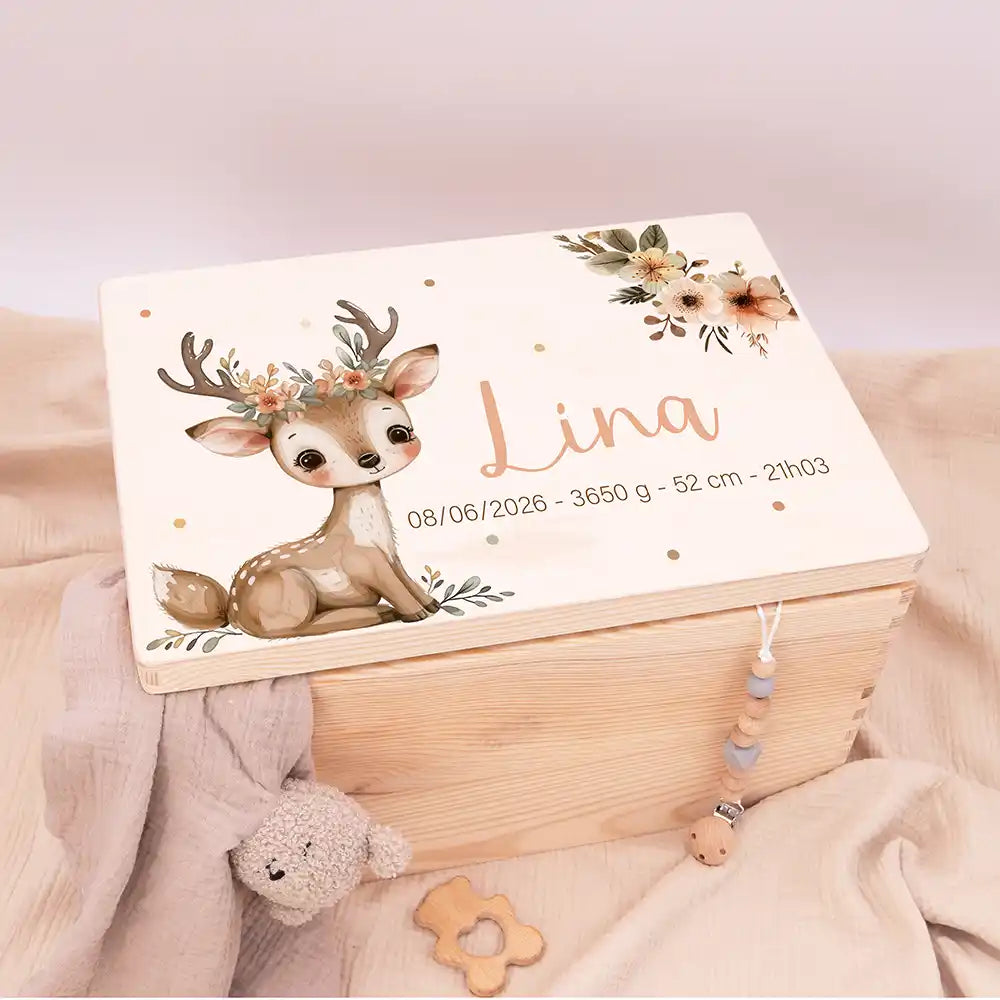 Boîte à souvenirs bébé personnalisée – Faon couronne de fleurs