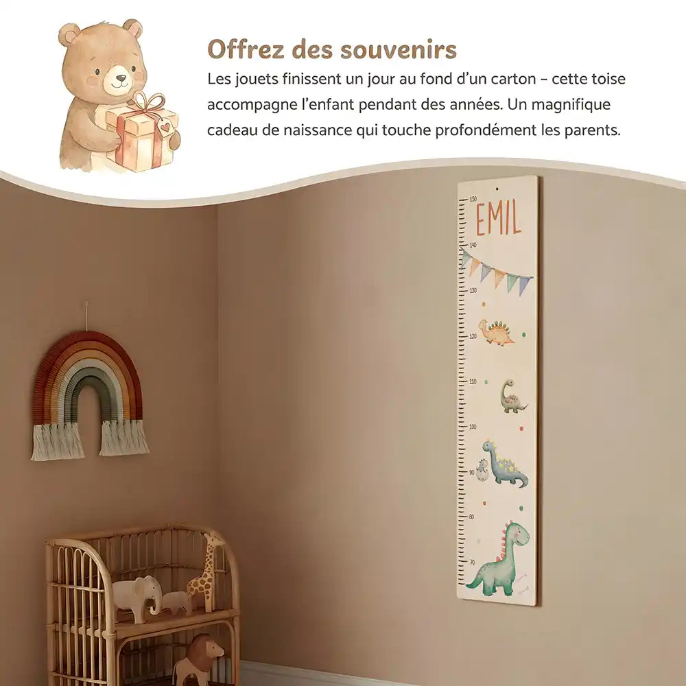 Toise enfant personnalisée Dinosaures – idée cadeau de naissance ou de baptême