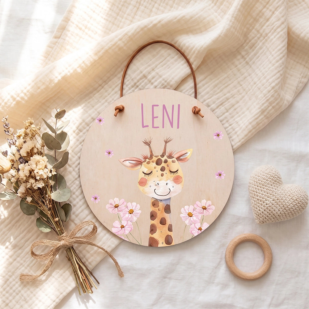 Plaque de porte personnalisée, motif Girafe fleurie — Vue de détail à plat | Kidsmood