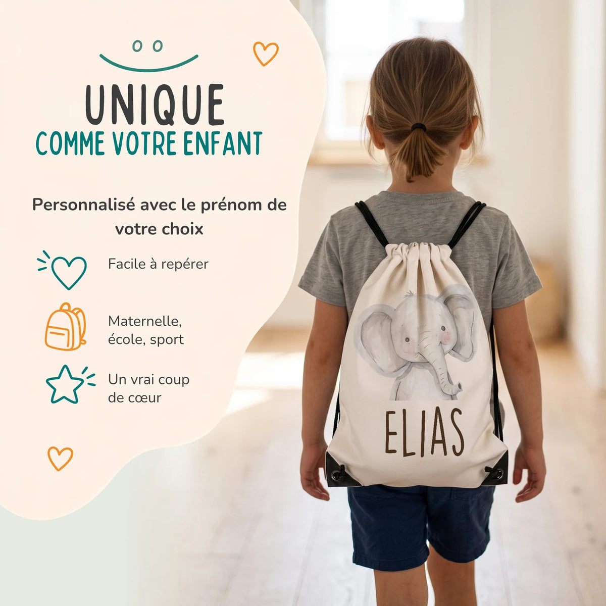 Enfant portant son sac de sport personnalisé sur le dos, motif éléphant — Kidsmood