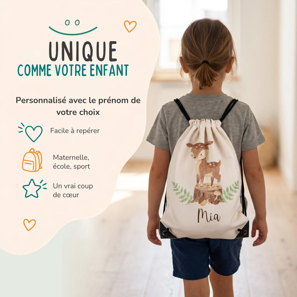 Enfant portant son sac de sport personnalisé sur le dos, motif faon des bois — Kidsmood