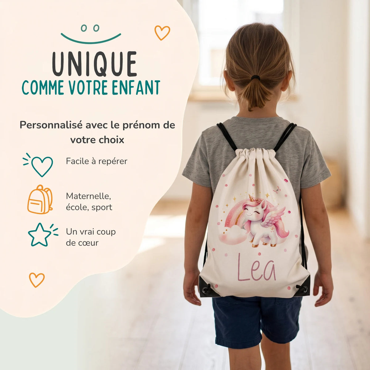 Enfant portant son sac de sport personnalisé sur le dos, motif licorne ailée — Kidsmood