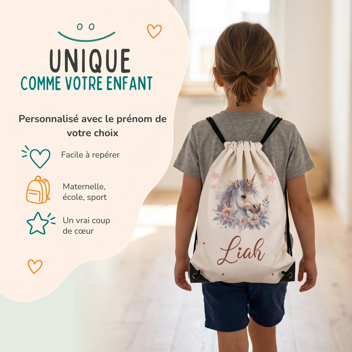 Enfant portant son sac de sport personnalisé sur le dos, motif licorne fleurie — Kidsmood