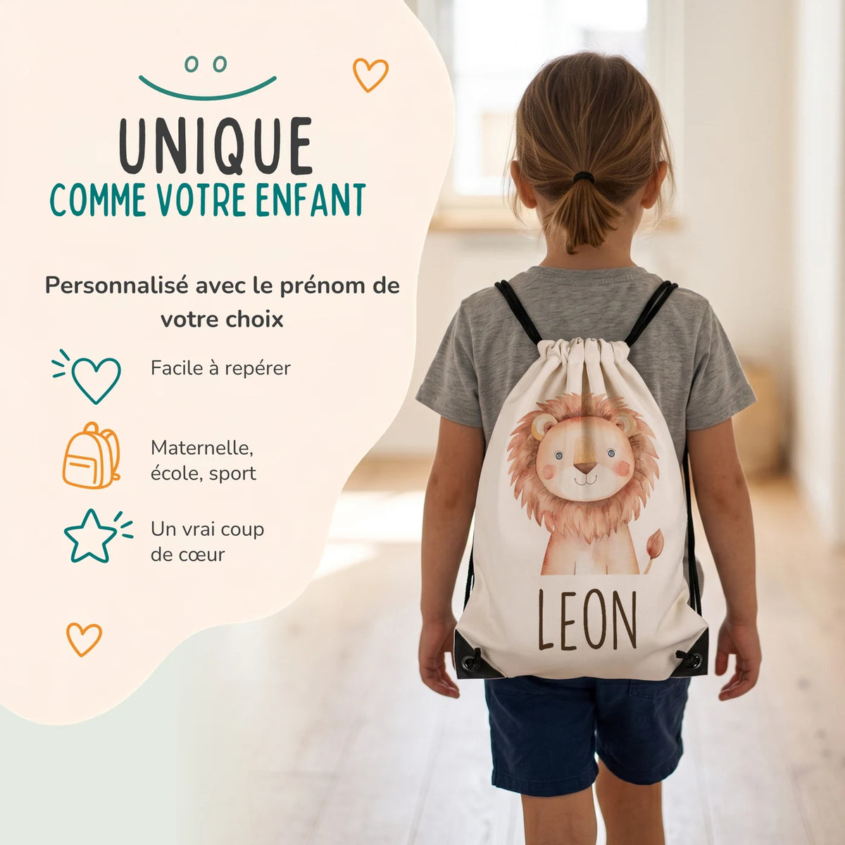Enfant portant son sac de sport personnalisé sur le dos, motif lion — Kidsmood