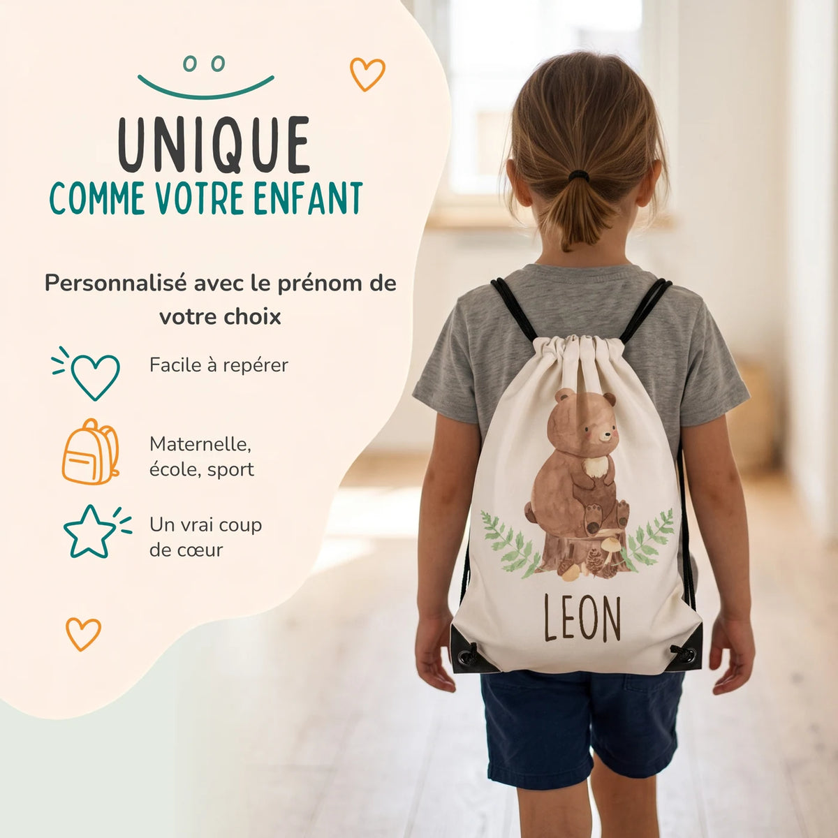 Enfant portant son sac de sport personnalisé sur le dos, motif ours des bois — Kidsmood