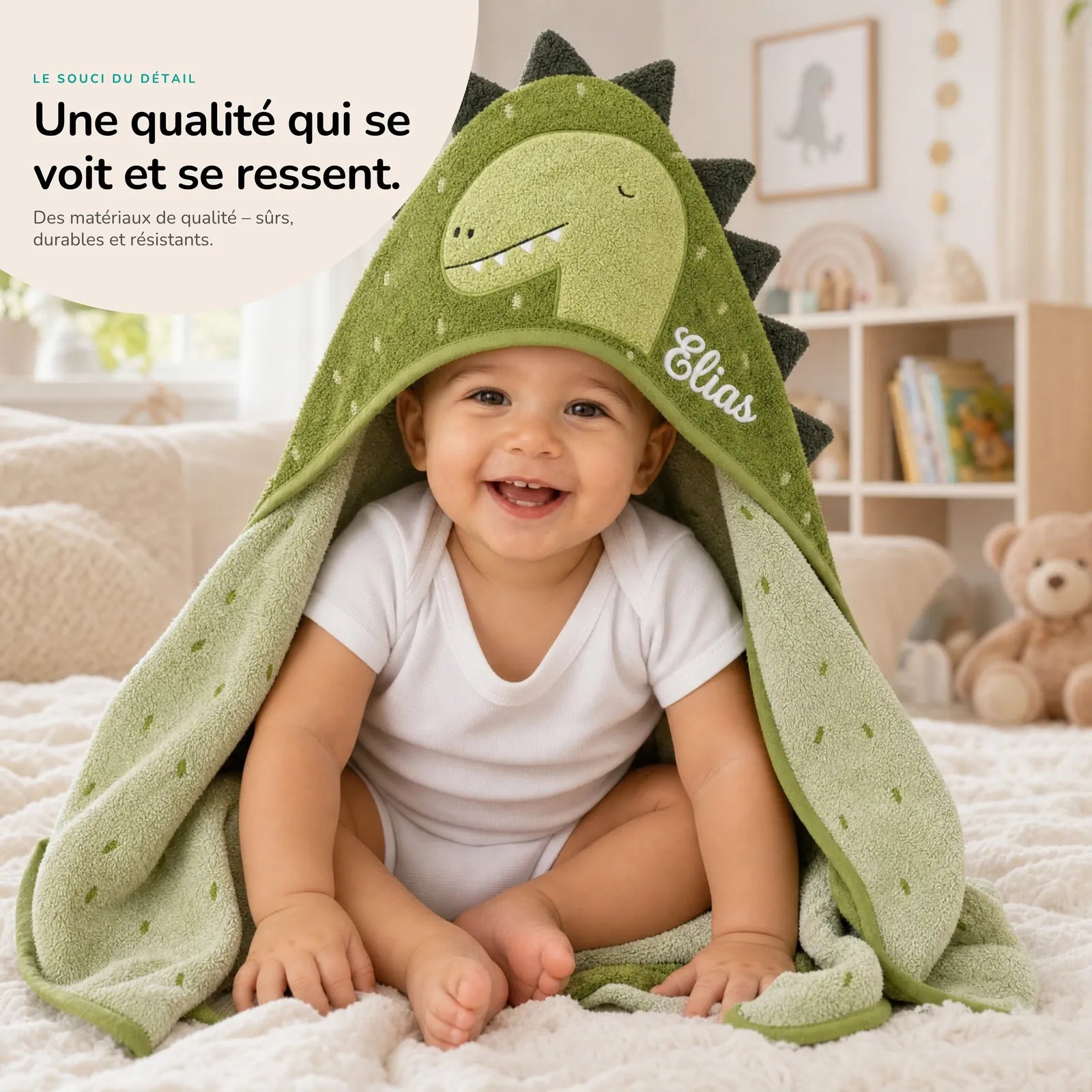 Cape de bain naissance Dino 75 x 75 cm personnalisée — Kidsmood