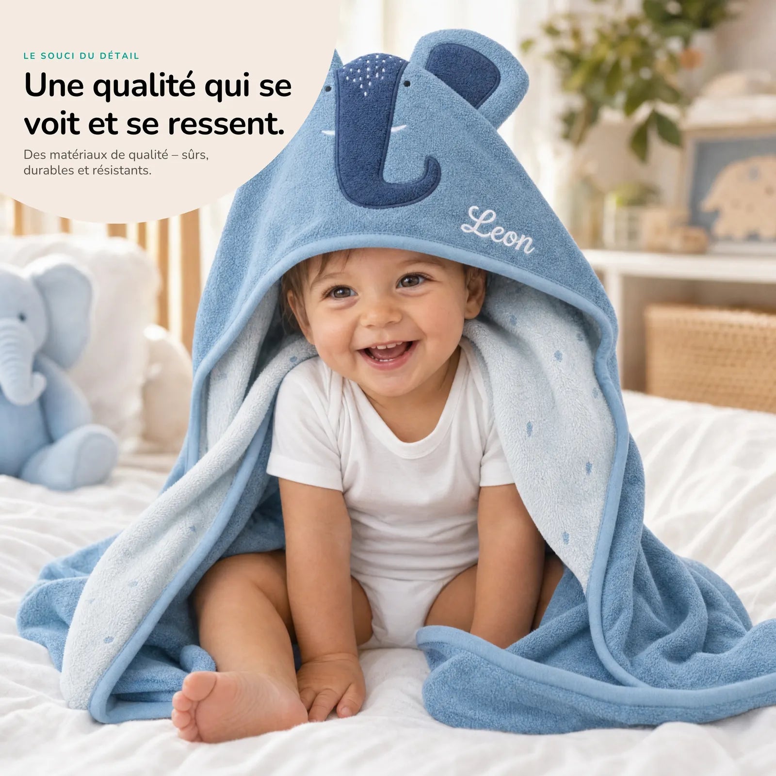 Cape de bain naissance Éléphant 75 x 75 cm personnalisée — Kidsmood