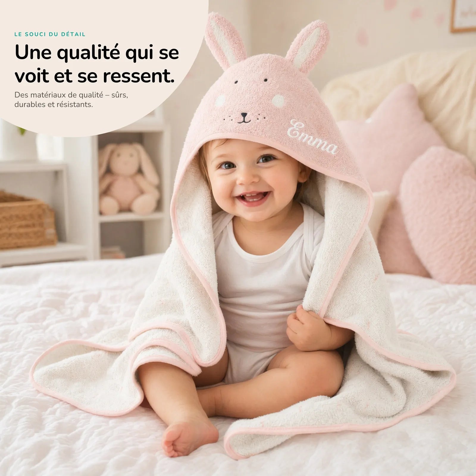 Cape de bain naissance Lapin 75 x 75 cm personnalisée — Kidsmood