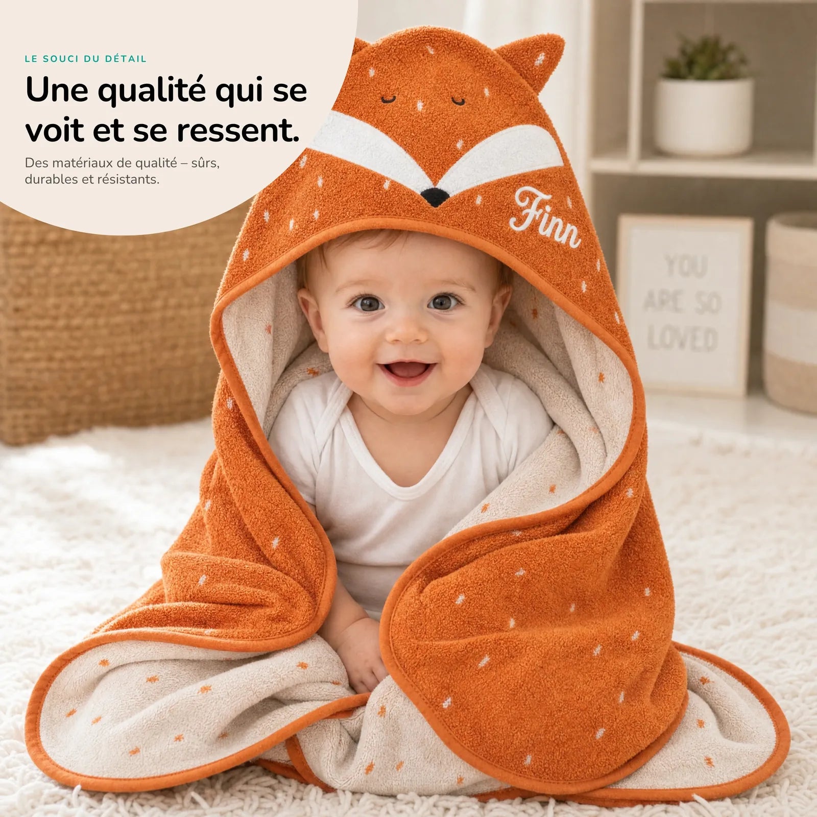 Cape de bain naissance Renard 75 x 75 cm personnalisée — Kidsmood