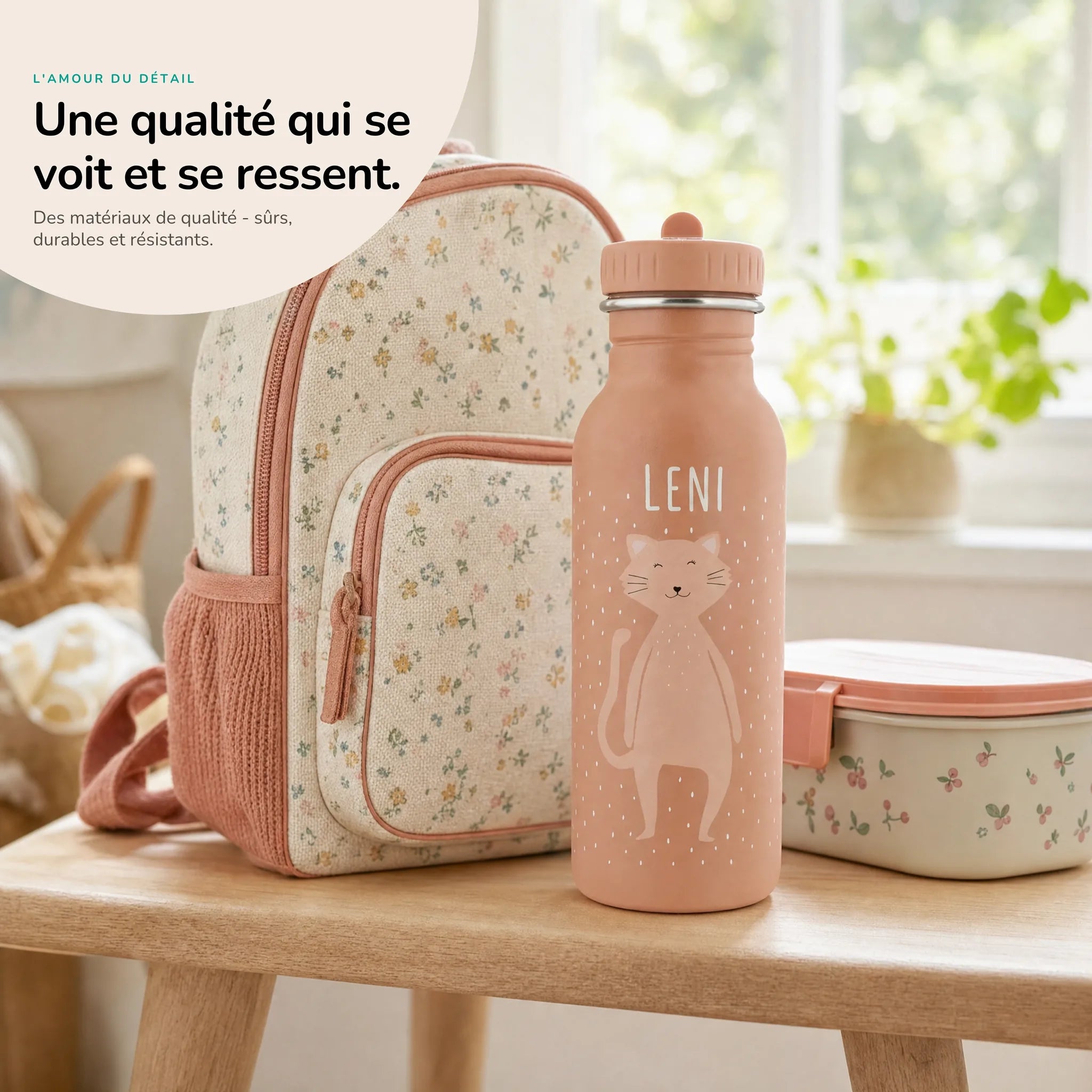 Gourde inox enfant motif Chat, acier robuste — Kidsmood