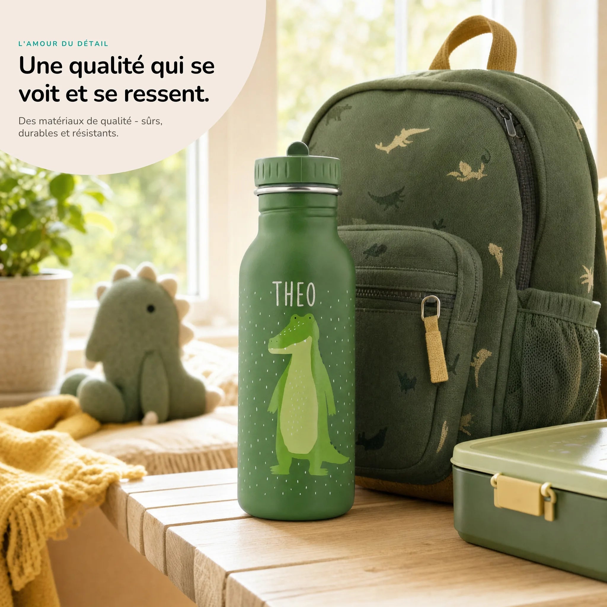 Gourde inox enfant motif Crocodile, acier robuste — Kidsmood