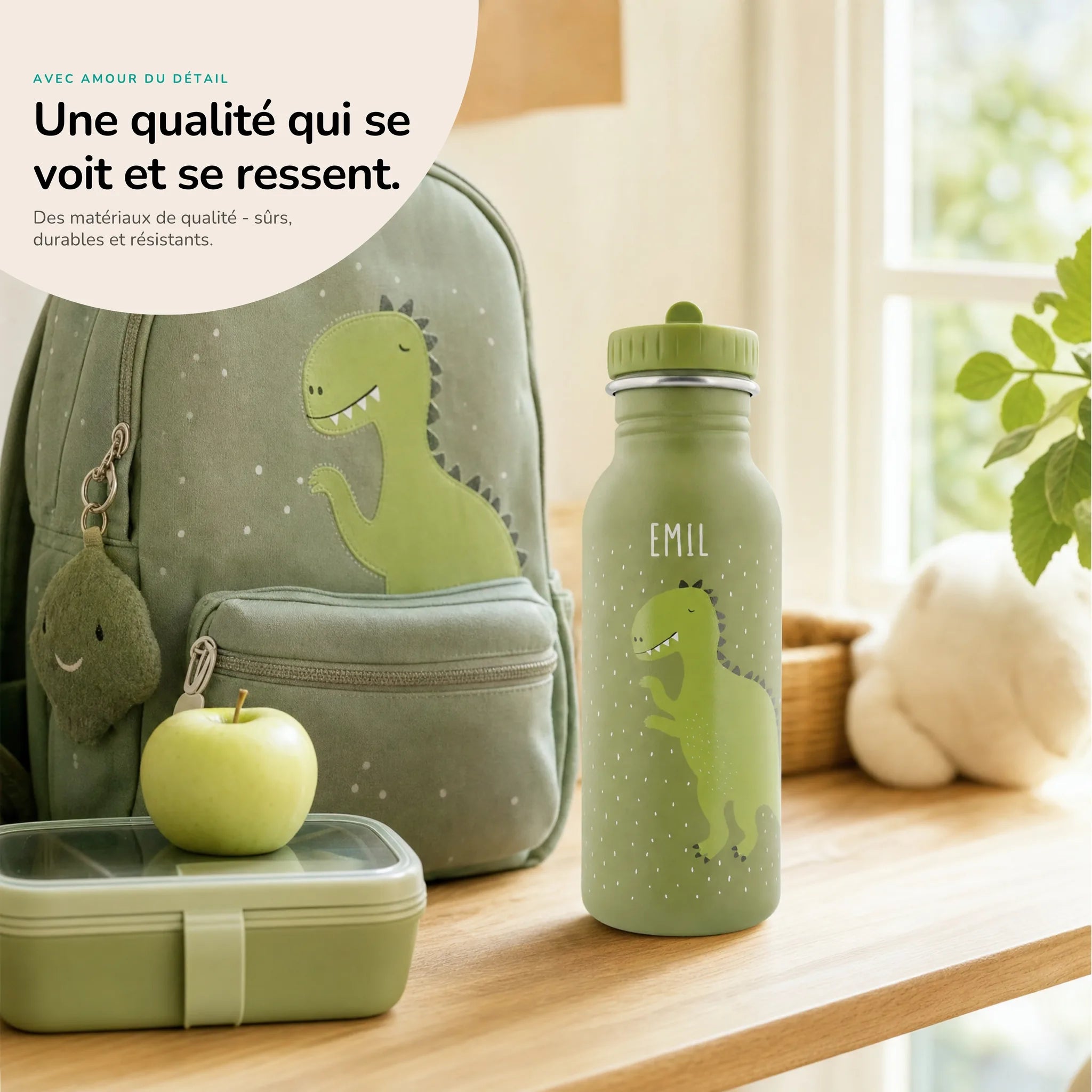 Gourde inox enfant motif Dino, acier robuste — Kidsmood