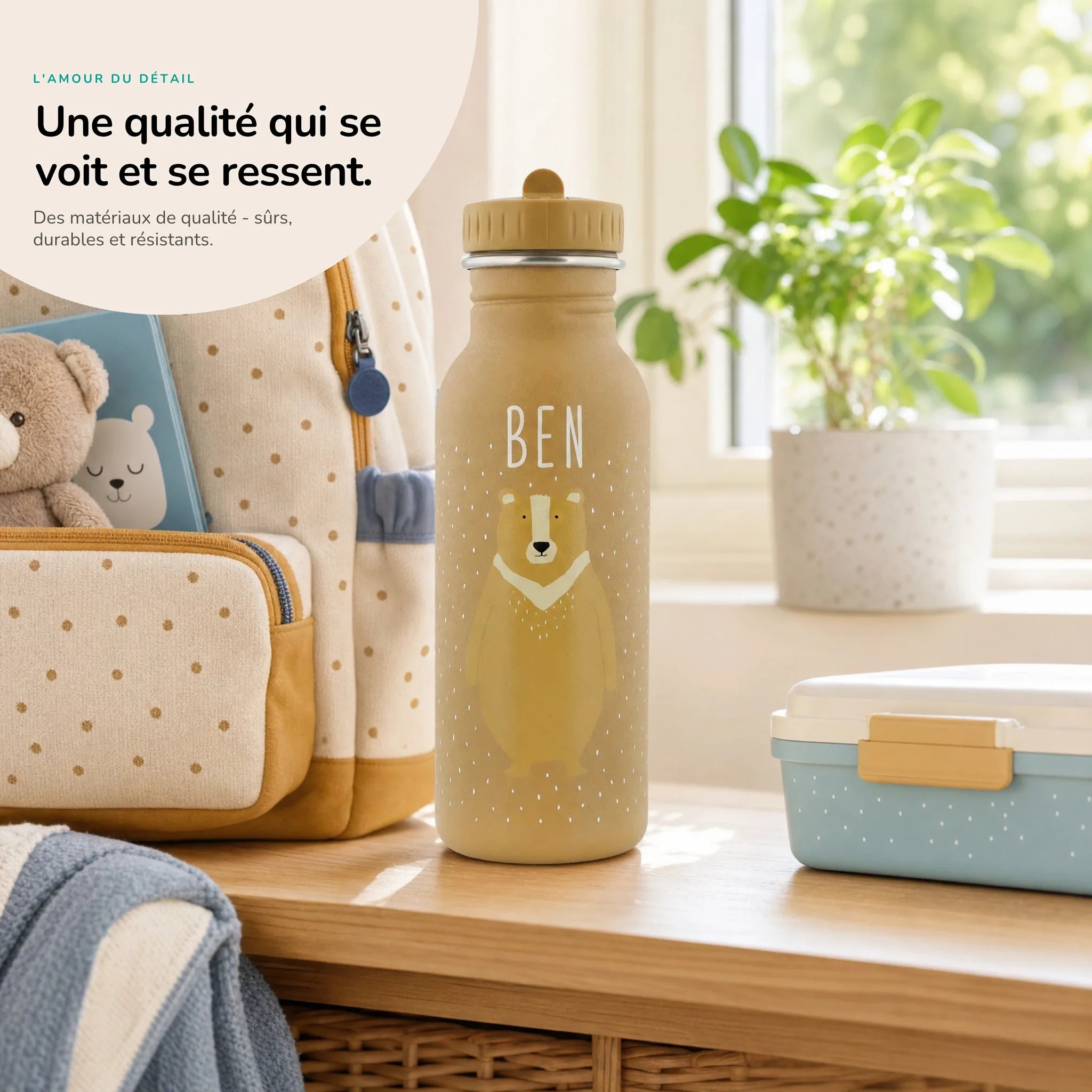 Gourde inox enfant motif Ours, acier robuste — Kidsmood