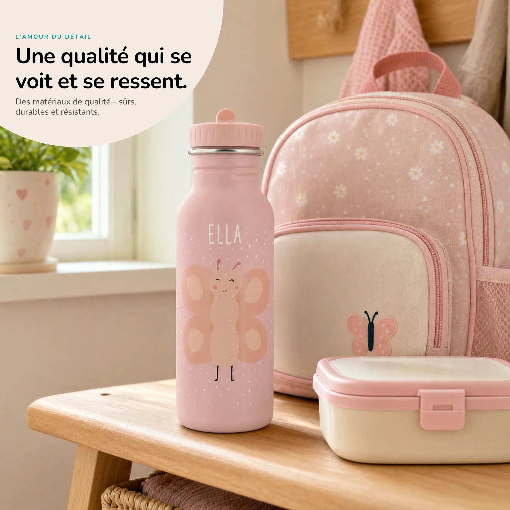 Gourde inox enfant motif Papillon, acier robuste — Kidsmood