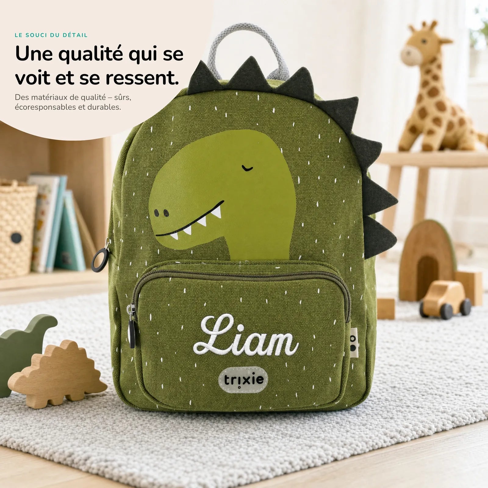 Sac à dos crèche Dino personnalisé, matières durables — Kidsmood