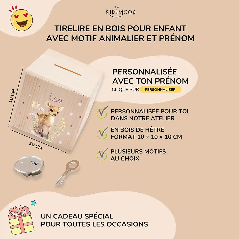 Tirelire enfant personnalisée 10 × 10 × 10 cm en bois, motif faon des prés — Kidsmood