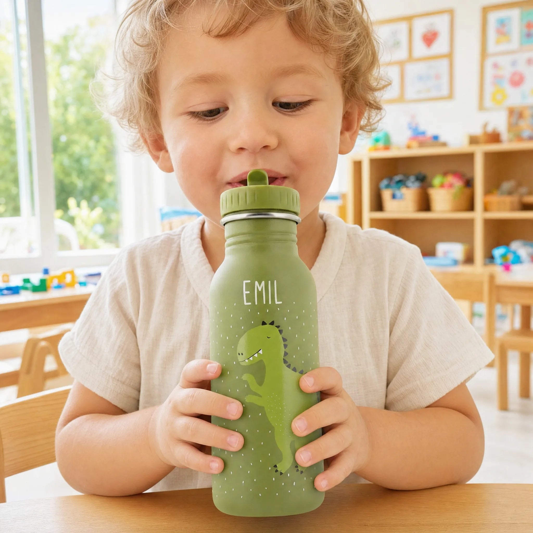 Gourde 350 ml avec cordon de transport, motif Dino — Kidsmood