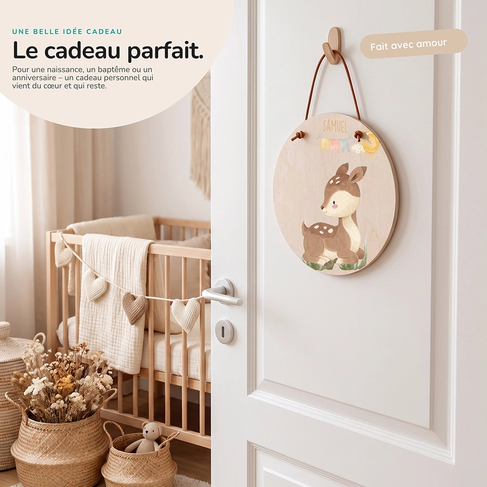 Plaque de porte personnalisée, motif Faon et fanions — Idée cadeau de naissance | Kidsmood