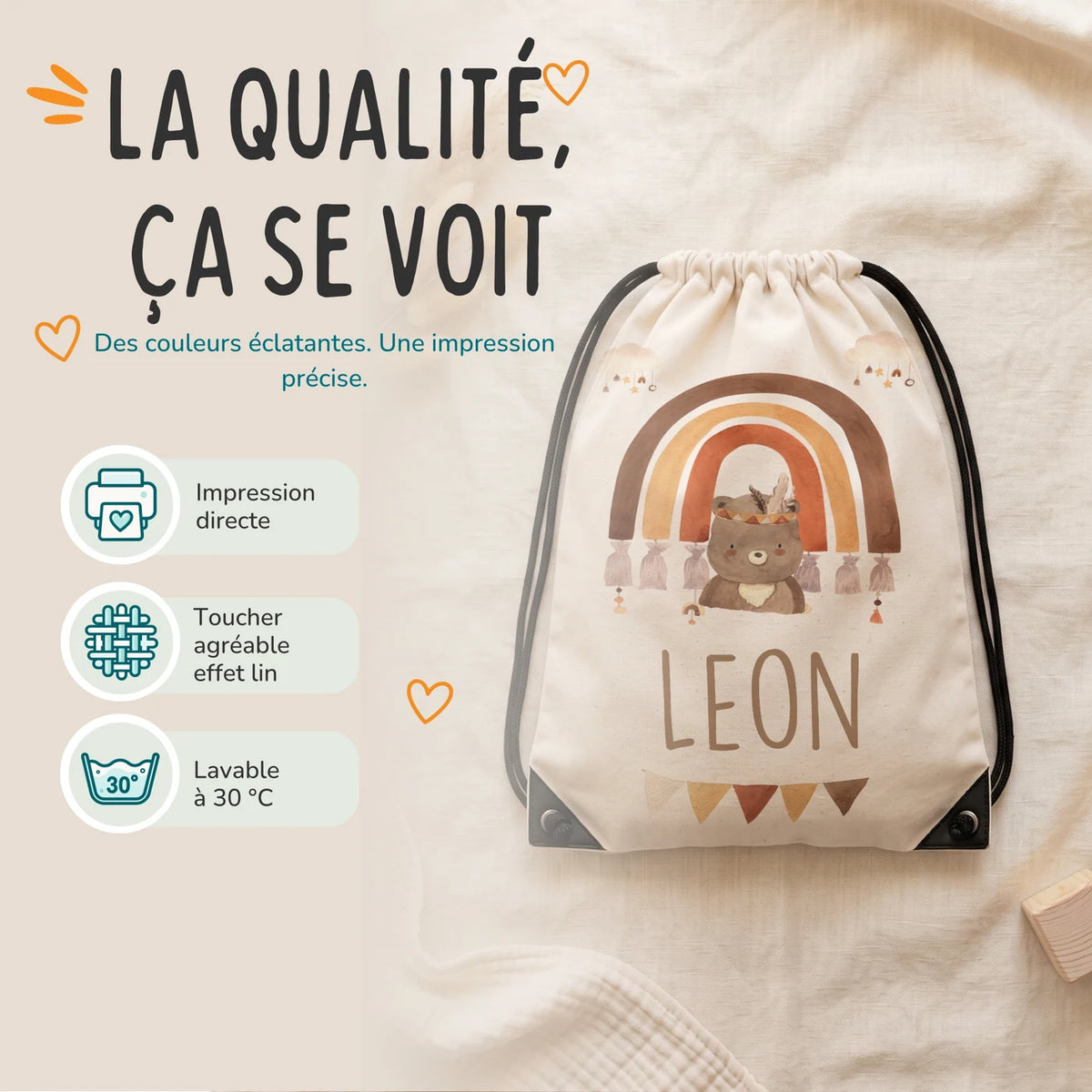 Sac de sport personnalisé, impression directe et lavage à 30 °C, motif arc-en-ciel bohème — Kidsmood