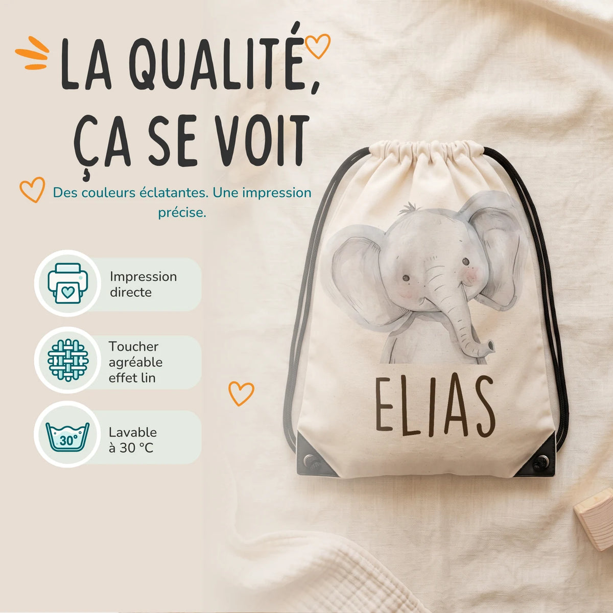 Sac de sport personnalisé, impression directe et lavage à 30 °C, motif éléphant — Kidsmood