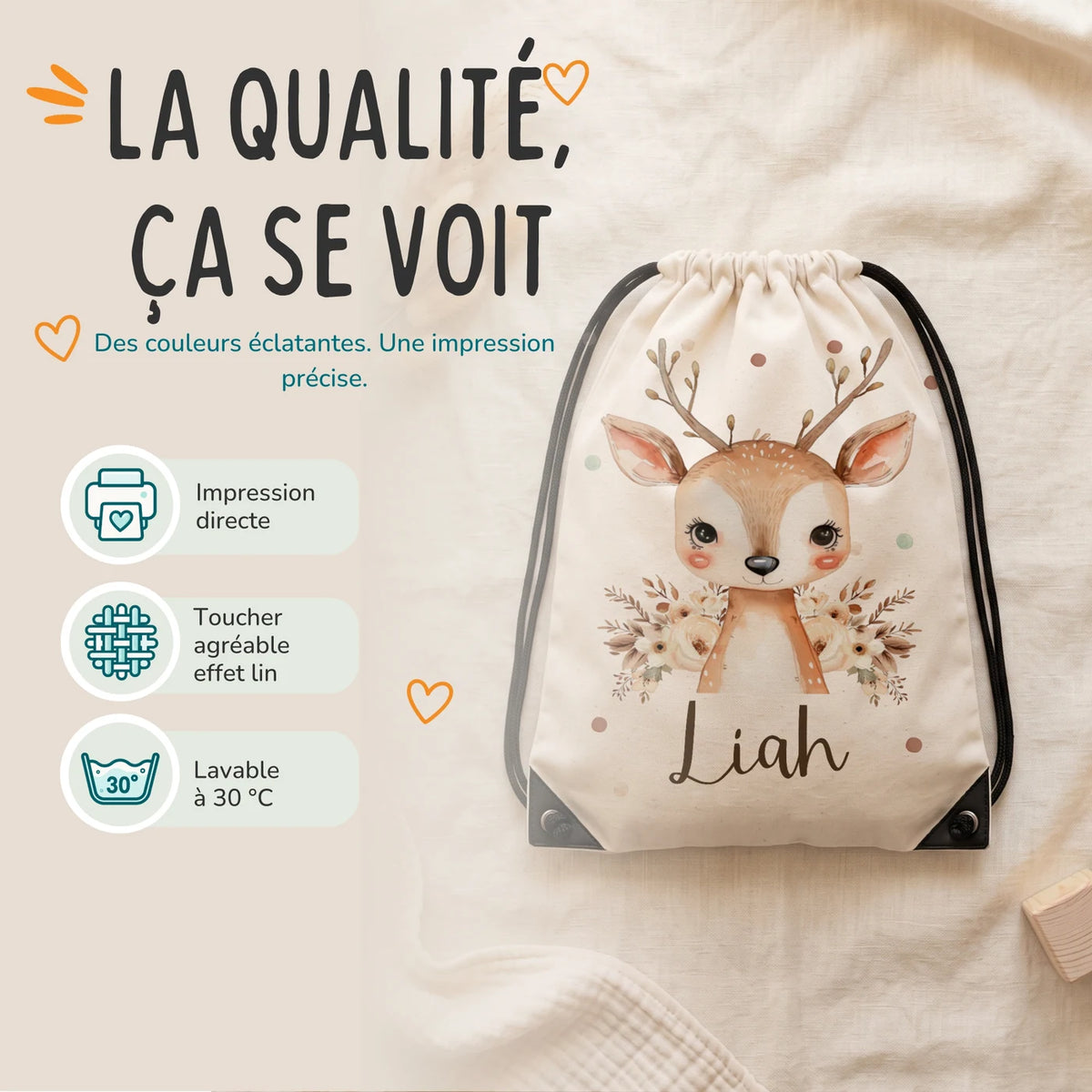 Sac de sport personnalisé, impression directe et lavage à 30 °C, motif faon fleuri — Kidsmood