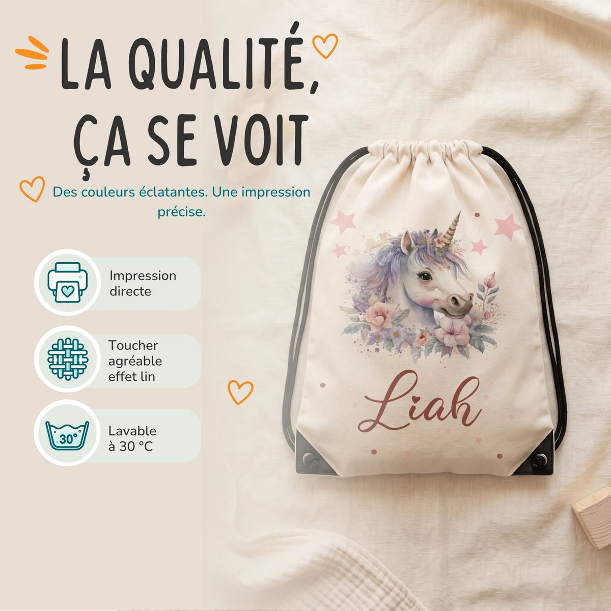Sac de sport personnalisé, impression directe et lavage à 30 °C, motif licorne fleurie — Kidsmood
