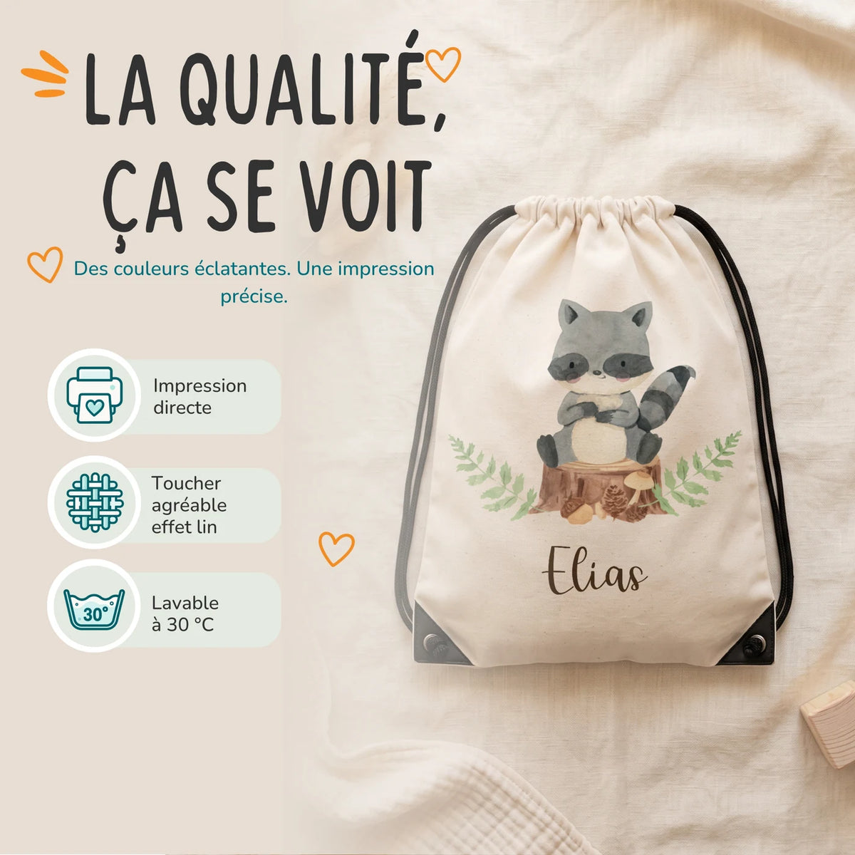 Sac de sport personnalisé, impression directe et lavage à 30 °C, motif raton laveur — Kidsmood